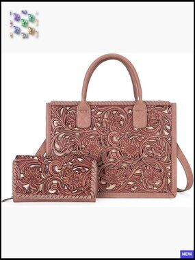 Genuine Leather Tote Bag Elegant Western Tooled Floral Fringe Satchel